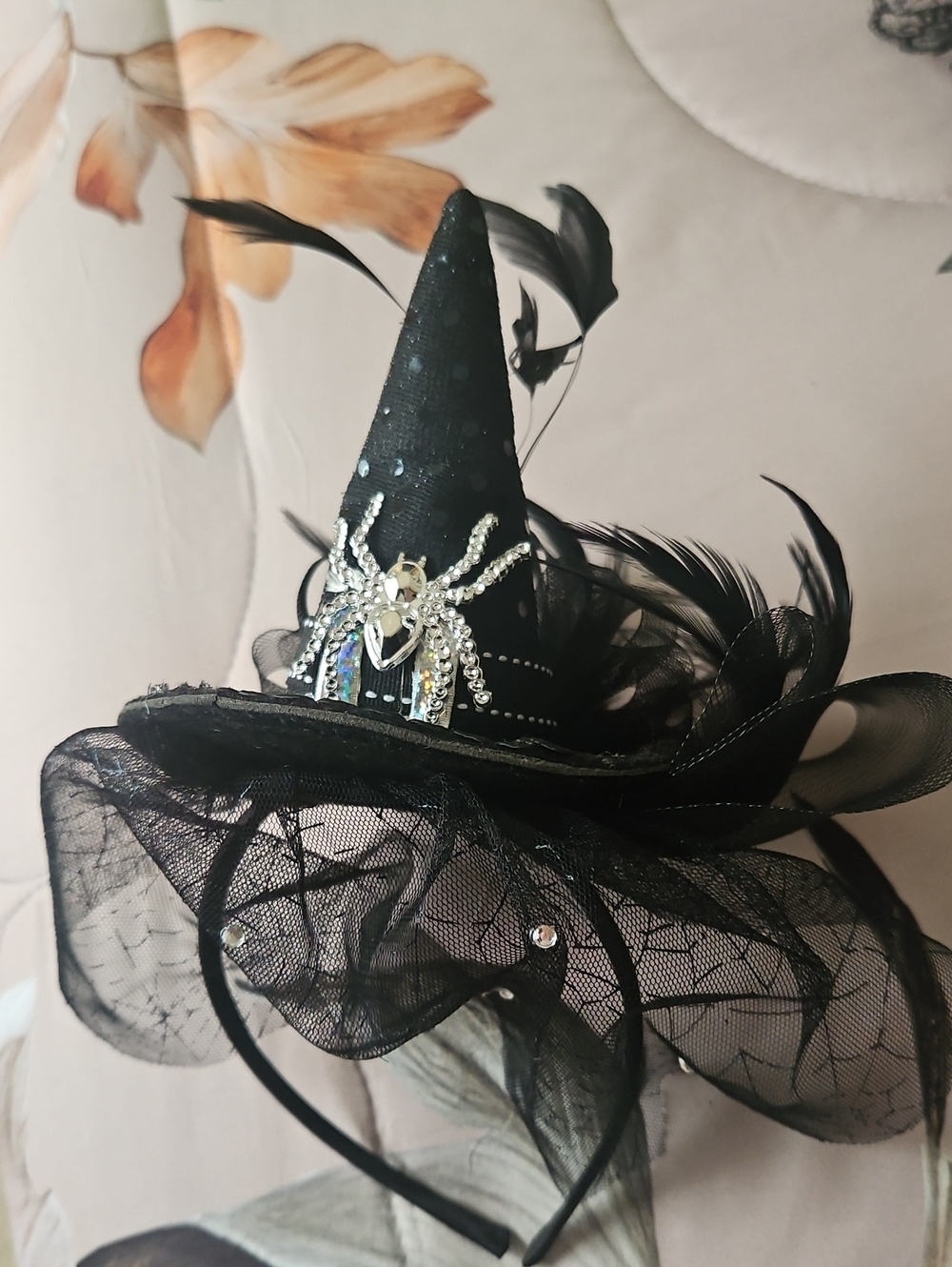 Black And Silver Witches Hat For Halloween's Got A Big Silver Spider Feathers